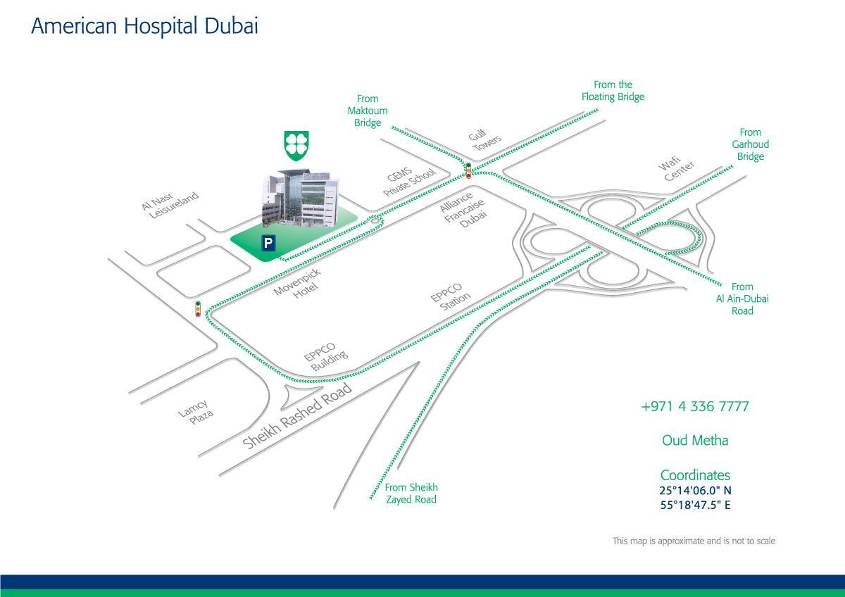 kort over Amerikanske hospital i Dubai